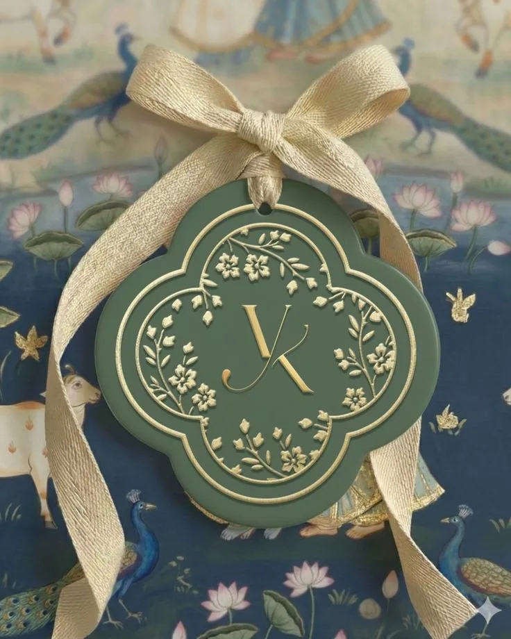 A monogrammed wedding tag with gold ribbon on a Pichwai-print backdrop